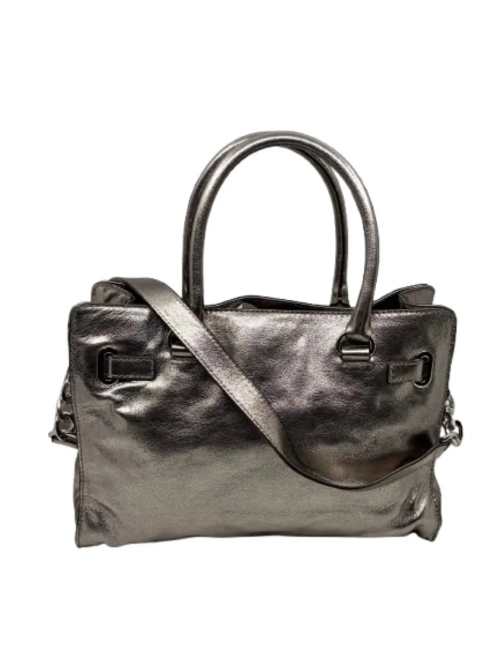 MICHAEL KORS~Hamilton~LARGE METALLIC PEBBLED SILVER LEATHER SATCHEL TOTE BAG